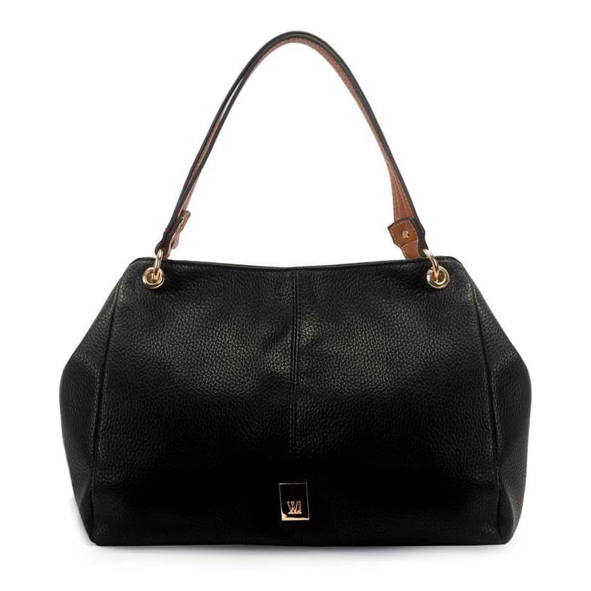 Bolsa casual feminina preta em material sintético com alças marrons e detalhes dourados, mostrando compartimentos internos